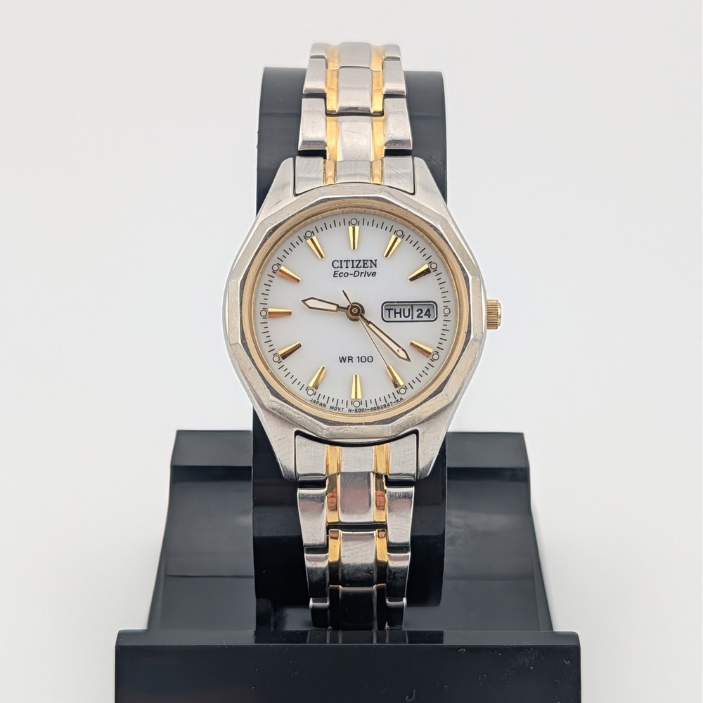 Citizen Eco-Drive Corso E001-S053480 WR100 Day Date Two Tone Watch White Dial
